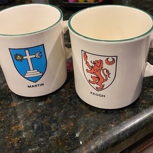 2 Coffee Mugs with Coat of Arms, Family Crests for “Martin” and “Keogh”
